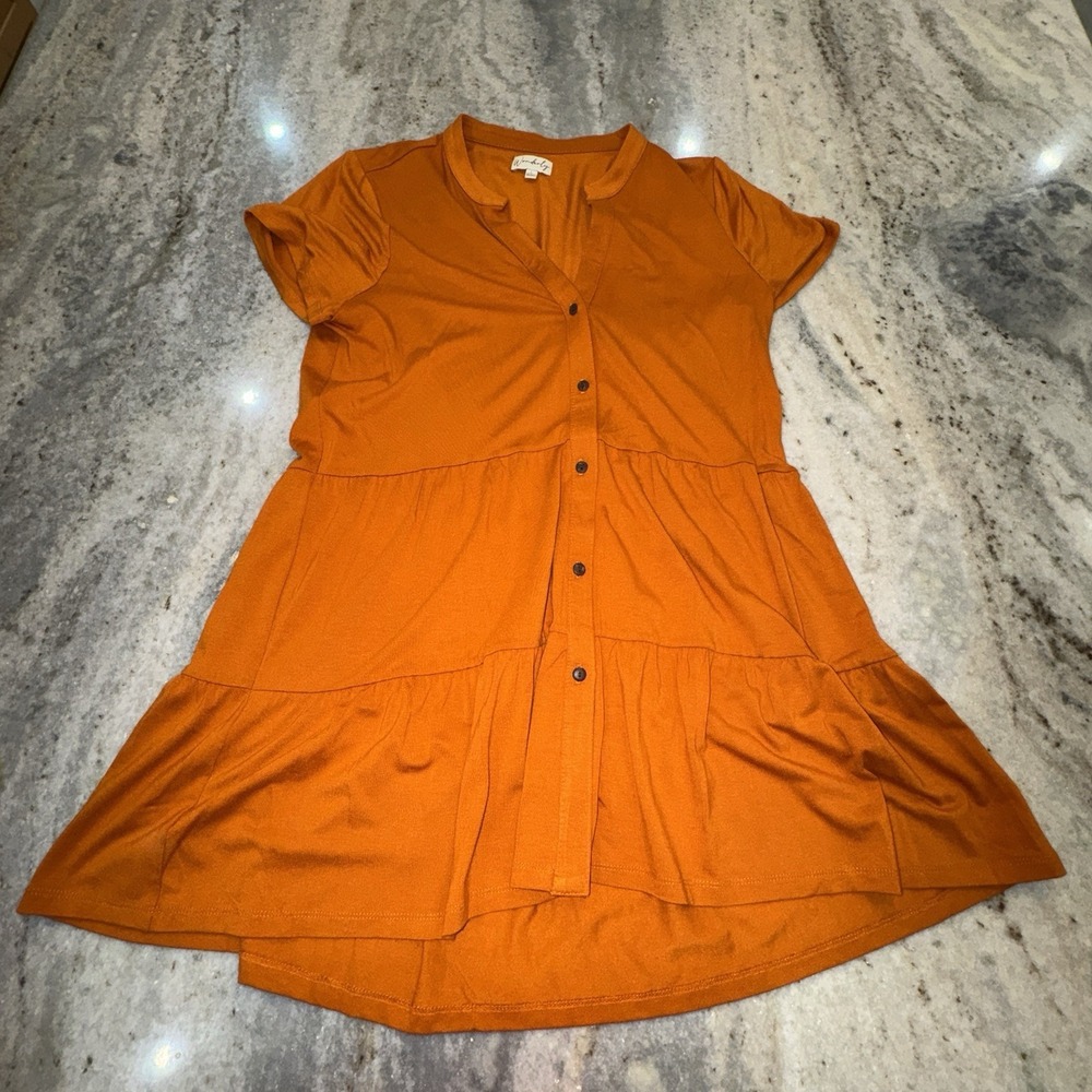 NWOT Wonderly Mini Dress Large Dark Orange Boho Button Front Short Sleeve Casual